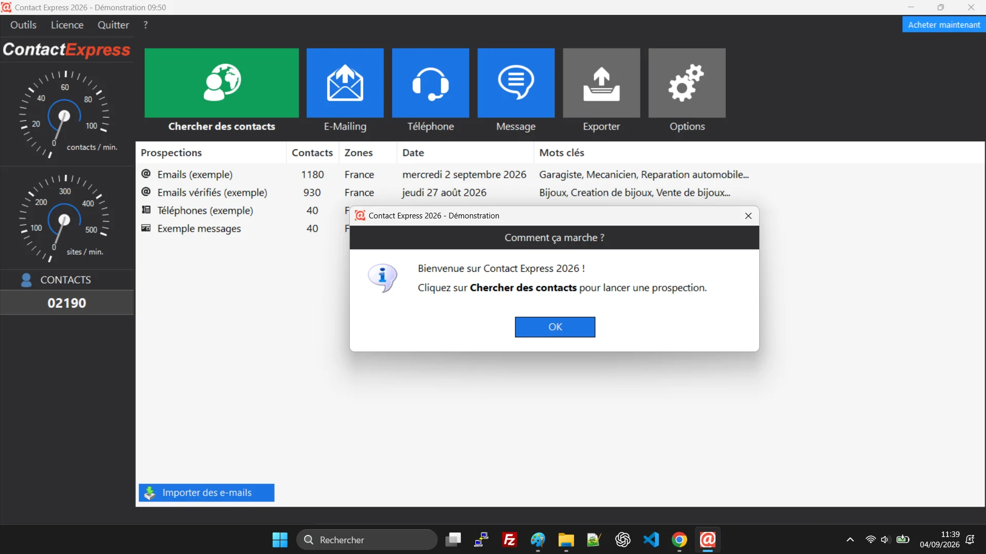 Interface principale de Contact Express